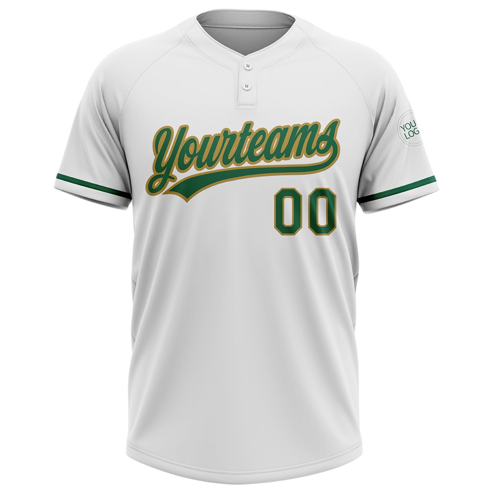 White Kelly Green Old Gold Two Button Unisex Softball Jersey, Custom Team Softball Jersey