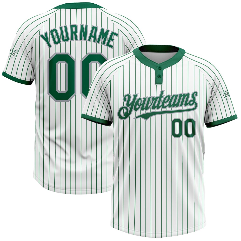 White Kelly Green Pinstripe Gray Two Button Unisex Softball Jersey, Custom Team Softball Jersey