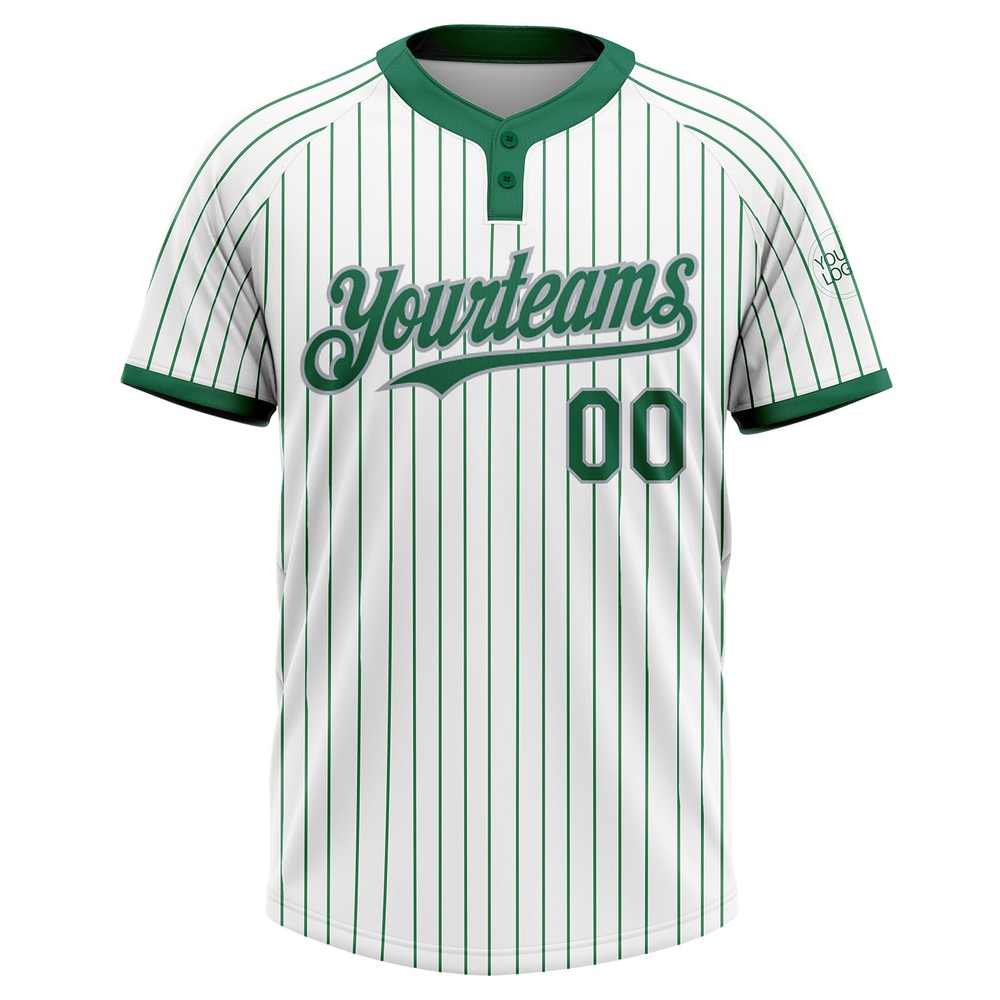 White Kelly Green Pinstripe Gray Two Button Unisex Softball Jersey, Custom Team Softball Jersey