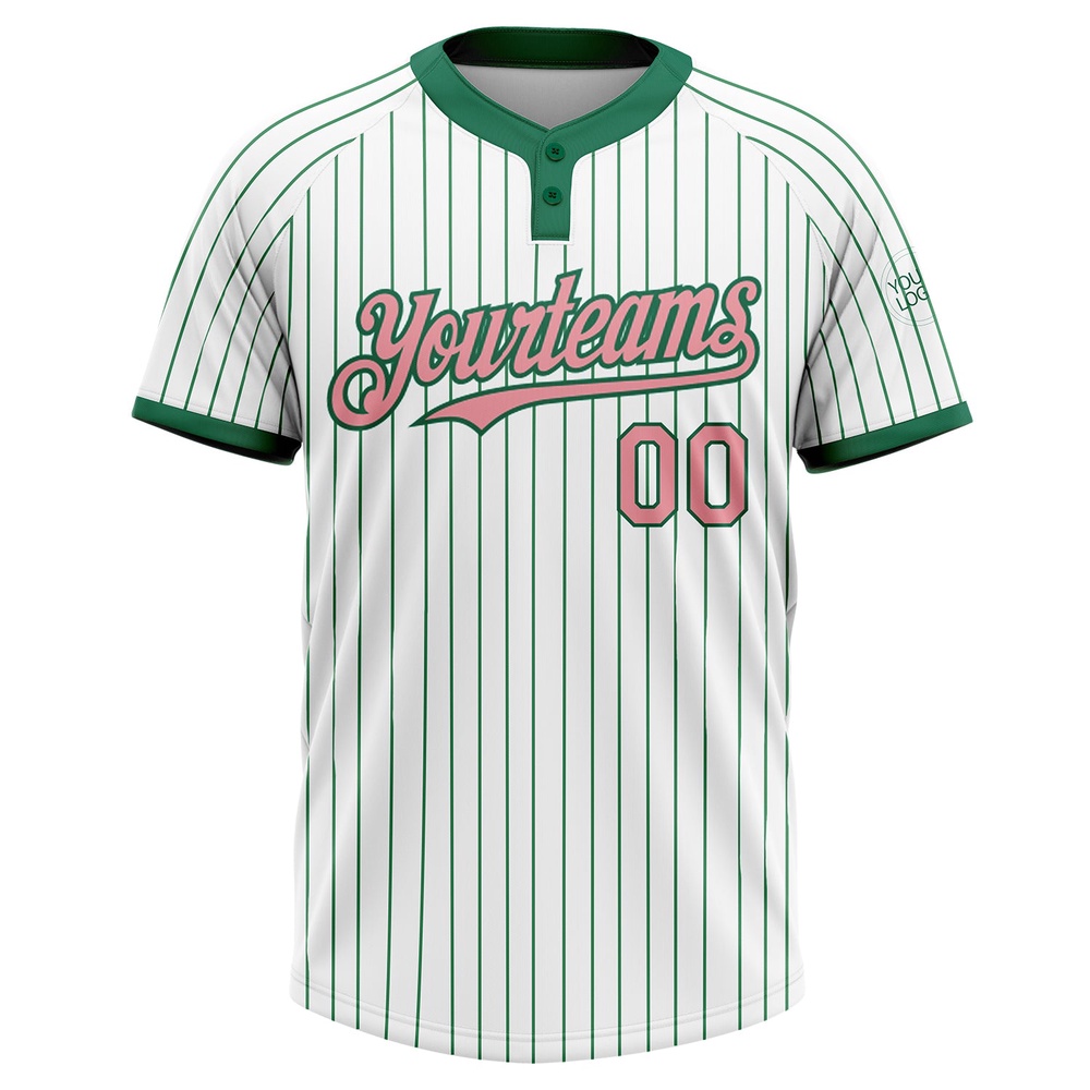 White Kelly Green Pinstripe Medium Pink Two Button Unisex Softball Jersey, Custom Team Softball Jersey