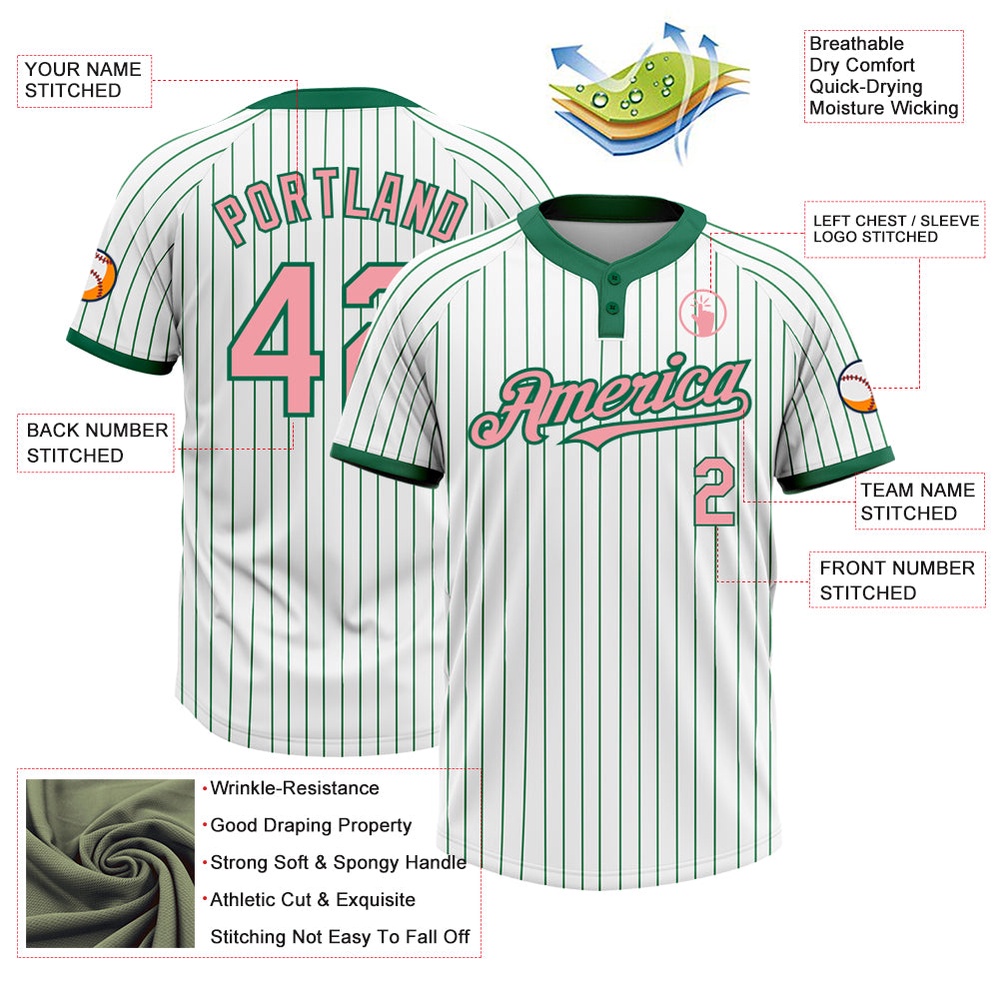 White Kelly Green Pinstripe Medium Pink Two Button Unisex Softball Jersey, Custom Team Softball Jersey