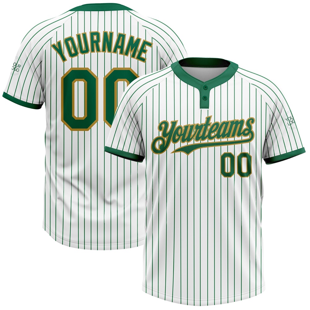 White Kelly Green Pinstripe Old Gold Two Button Unisex Softball Jersey, Custom Team Softball Jersey