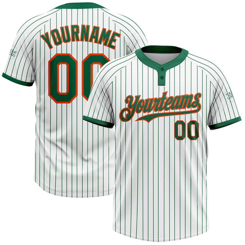 White Kelly Green Pinstripe Orange Two Button Unisex Softball Jersey, Custom Team Softball Jersey