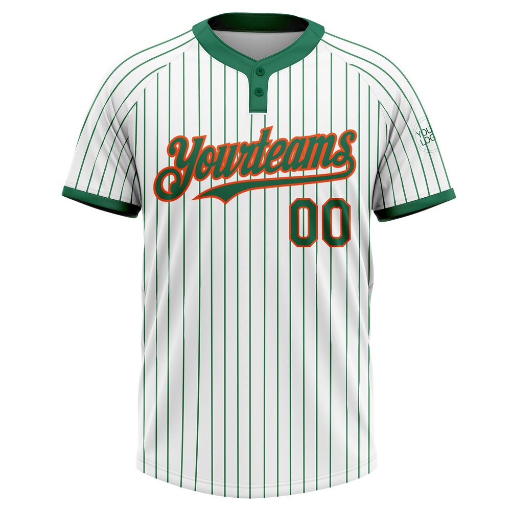 White Kelly Green Pinstripe Orange Two Button Unisex Softball Jersey, Custom Team Softball Jersey