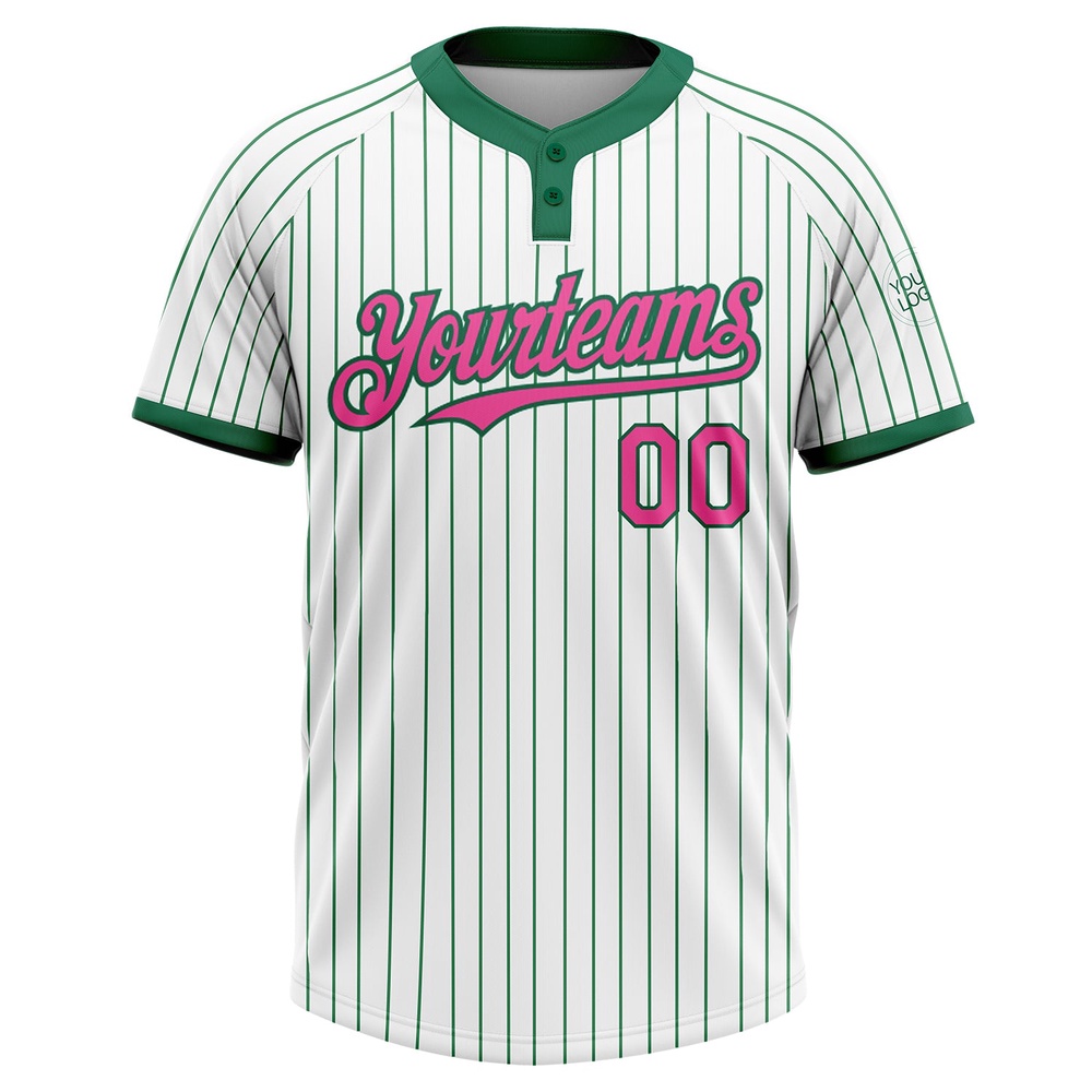 White Kelly Green Pinstripe Pink Two Button Unisex Softball Jersey, Custom Team Softball Jersey