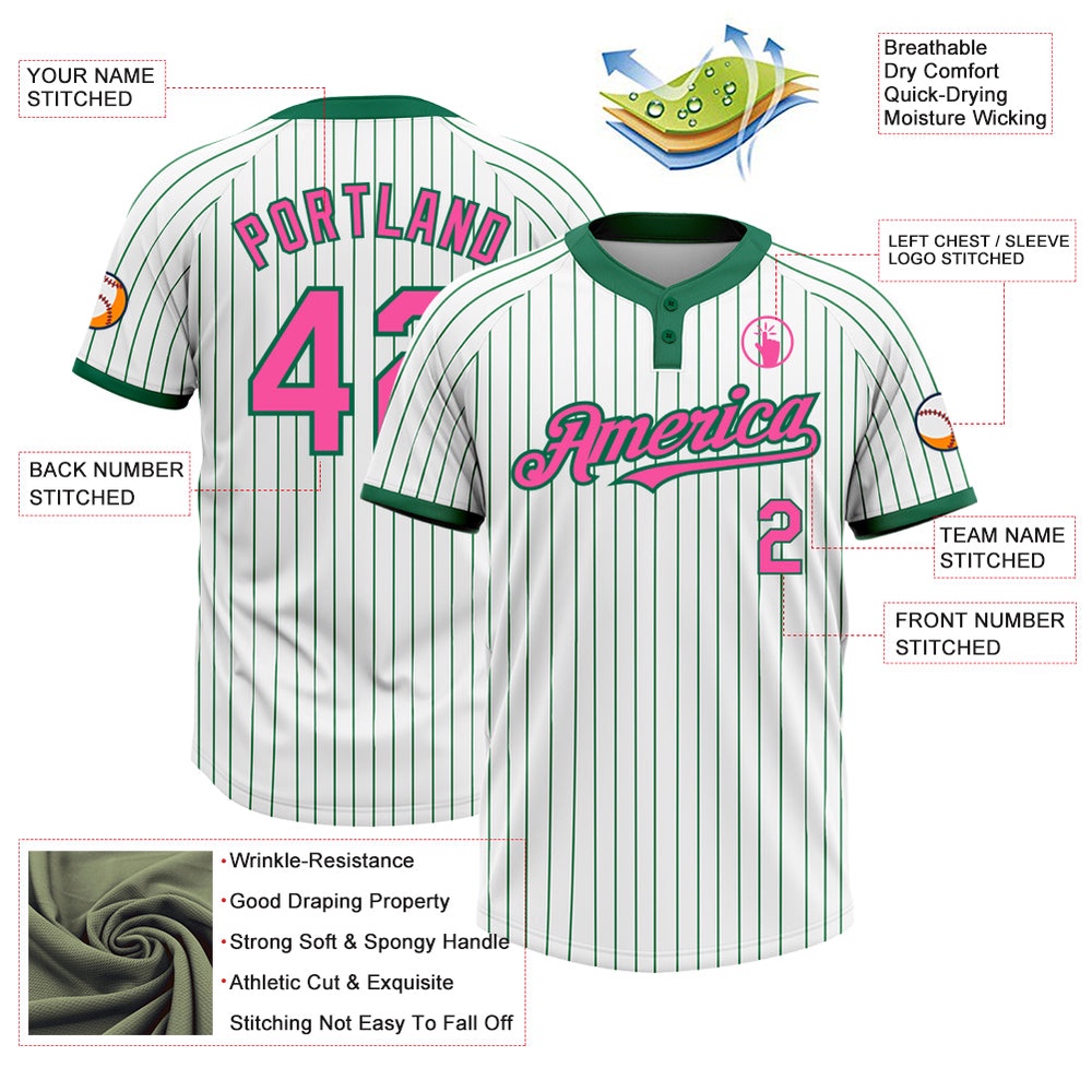 White Kelly Green Pinstripe Pink Two Button Unisex Softball Jersey, Custom Team Softball Jersey