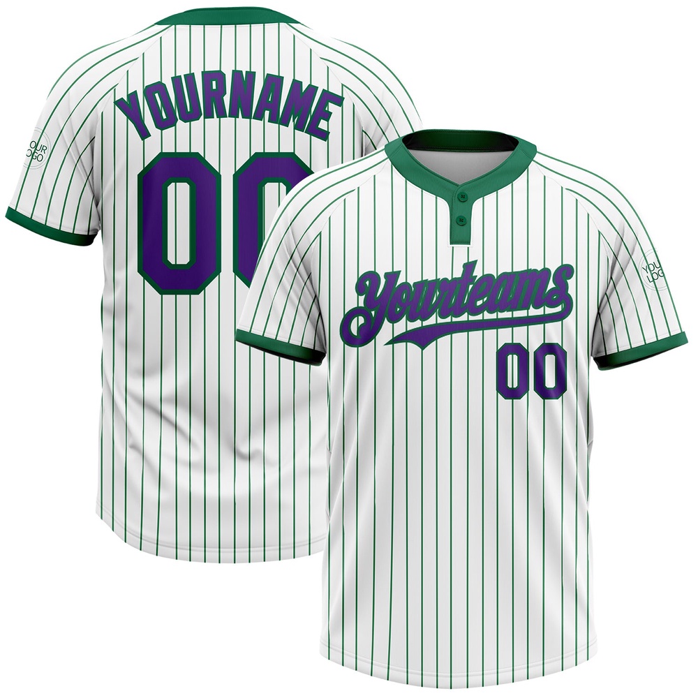White Kelly Green Pinstripe Purple Two Button Unisex Softball Jersey, Custom Team Softball Jersey