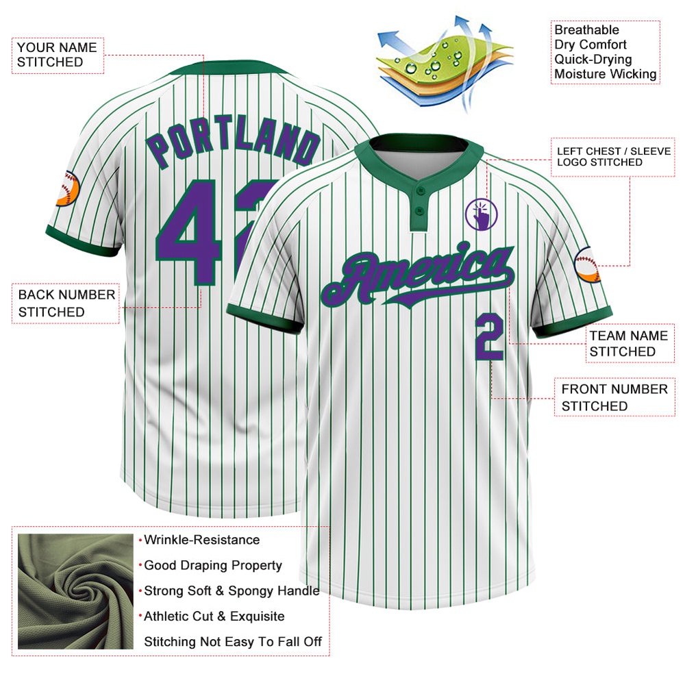 White Kelly Green Pinstripe Purple Two Button Unisex Softball Jersey, Custom Team Softball Jersey