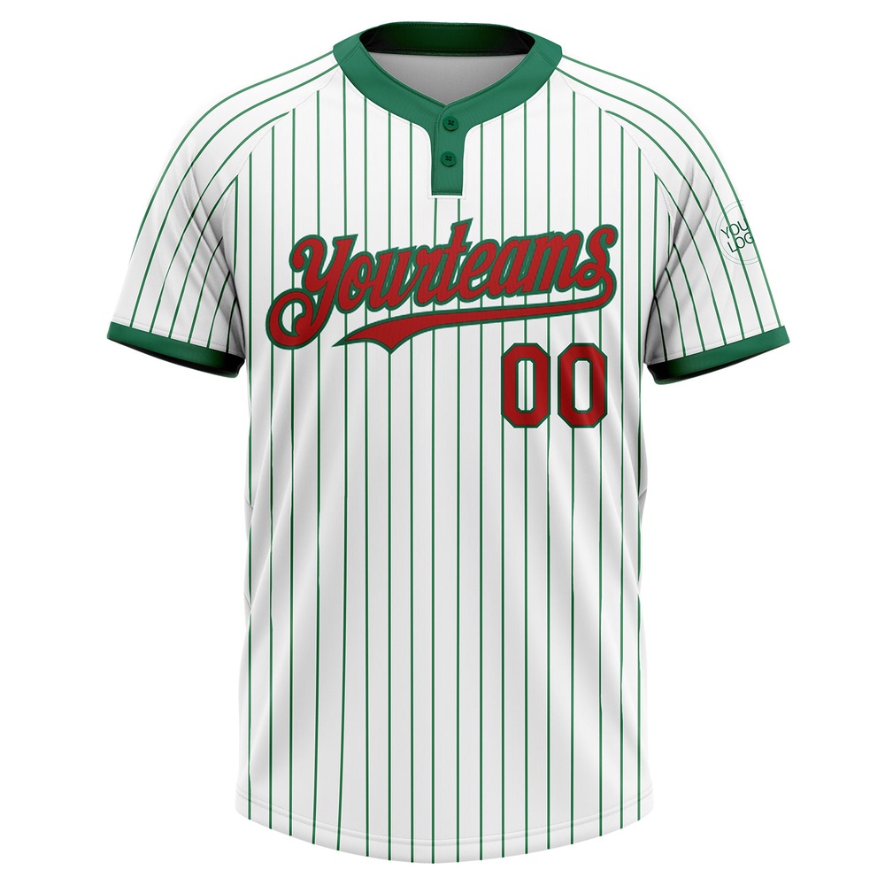 White Kelly Green Pinstripe Red Two Button Unisex Softball Jersey, Custom Team Softball Jersey