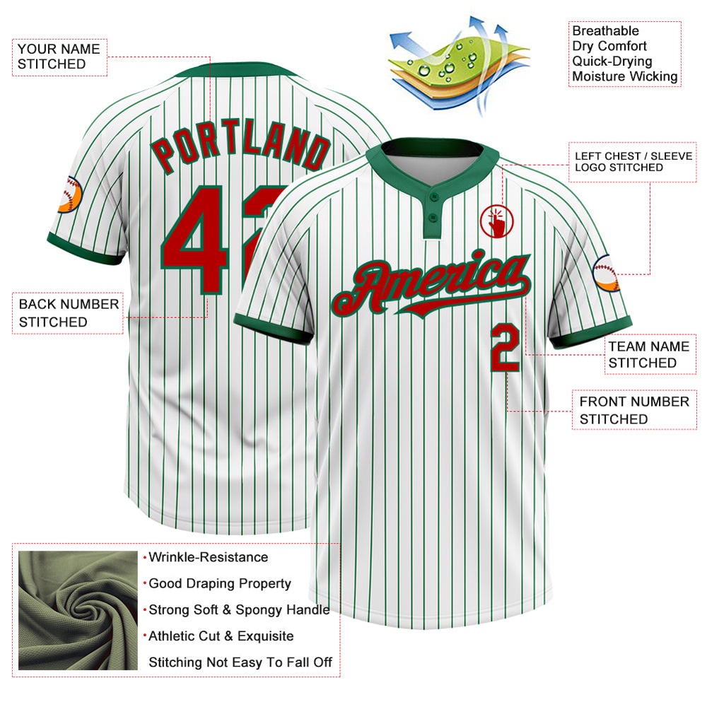 White Kelly Green Pinstripe Red Two Button Unisex Softball Jersey, Custom Team Softball Jersey