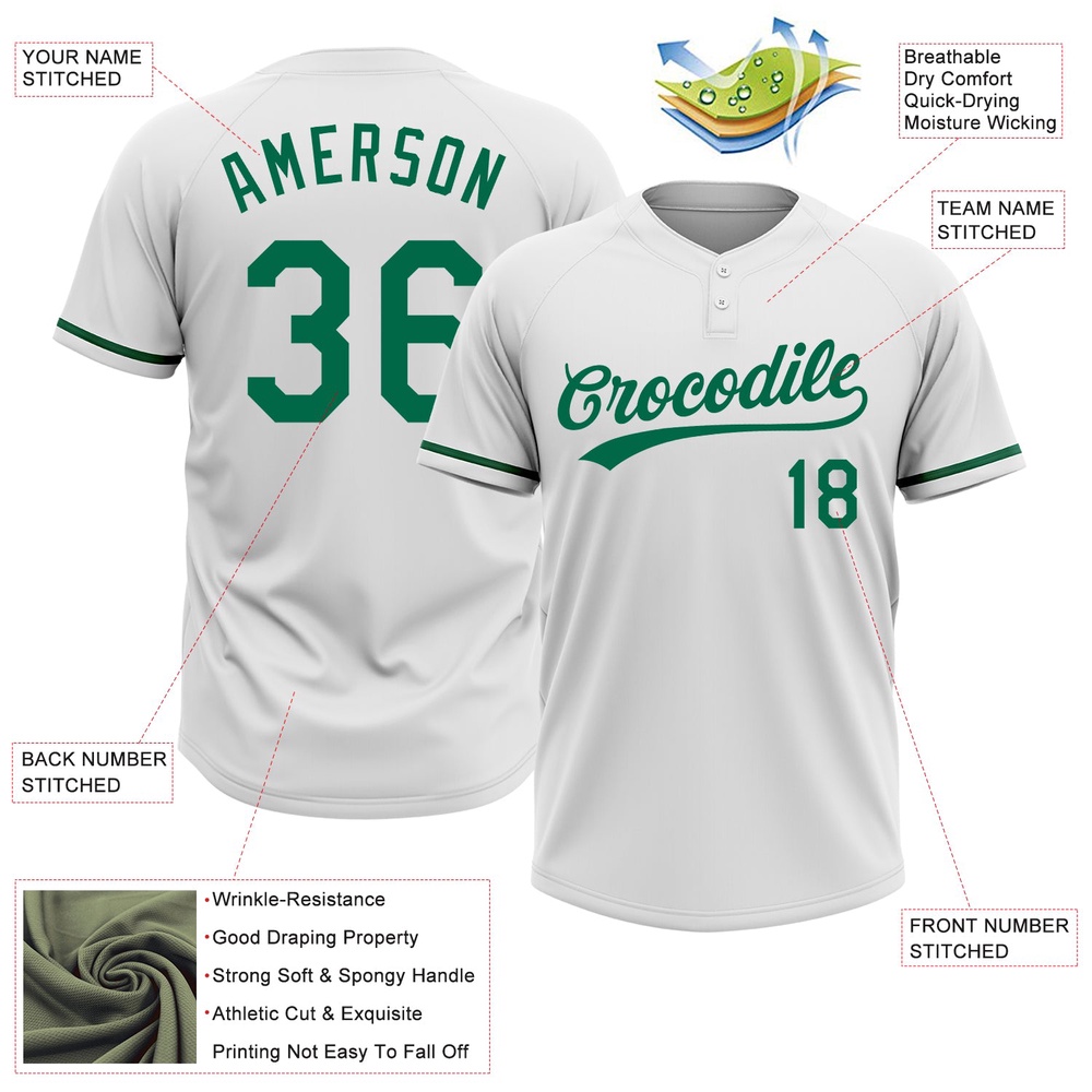White Kelly Green Two Button Unisex Softball Jersey, Custom Team Softball Jersey