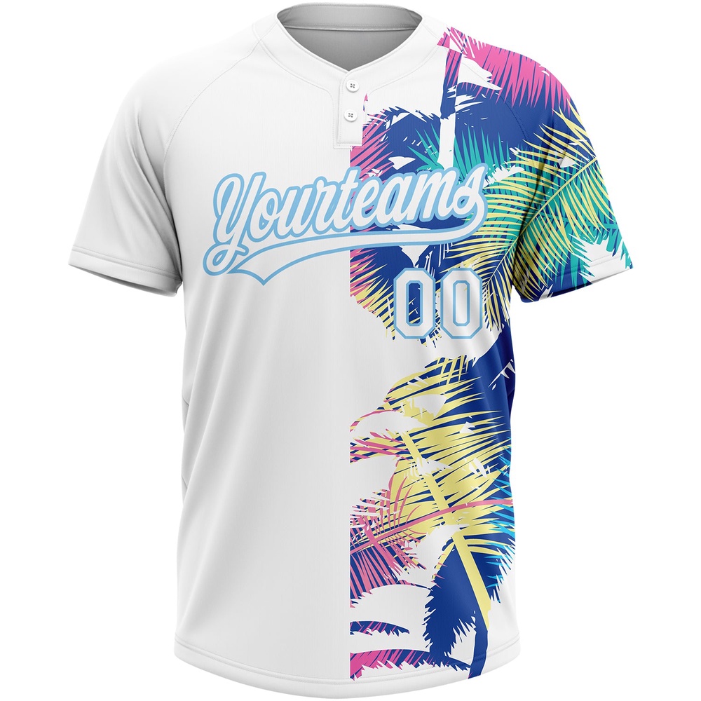 White Light Blue 3D Pattern Hawaii Palm Trees Two Button Unisex Softball Jersey, Custom Team Softball Jersey