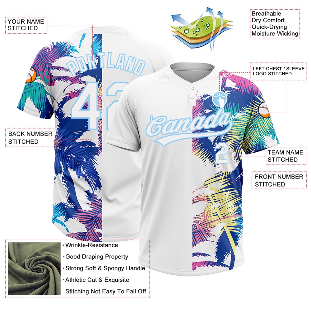 White Light Blue 3D Pattern Hawaii Palm Trees Two Button Unisex Softball Jersey, Custom Team Softball Jersey