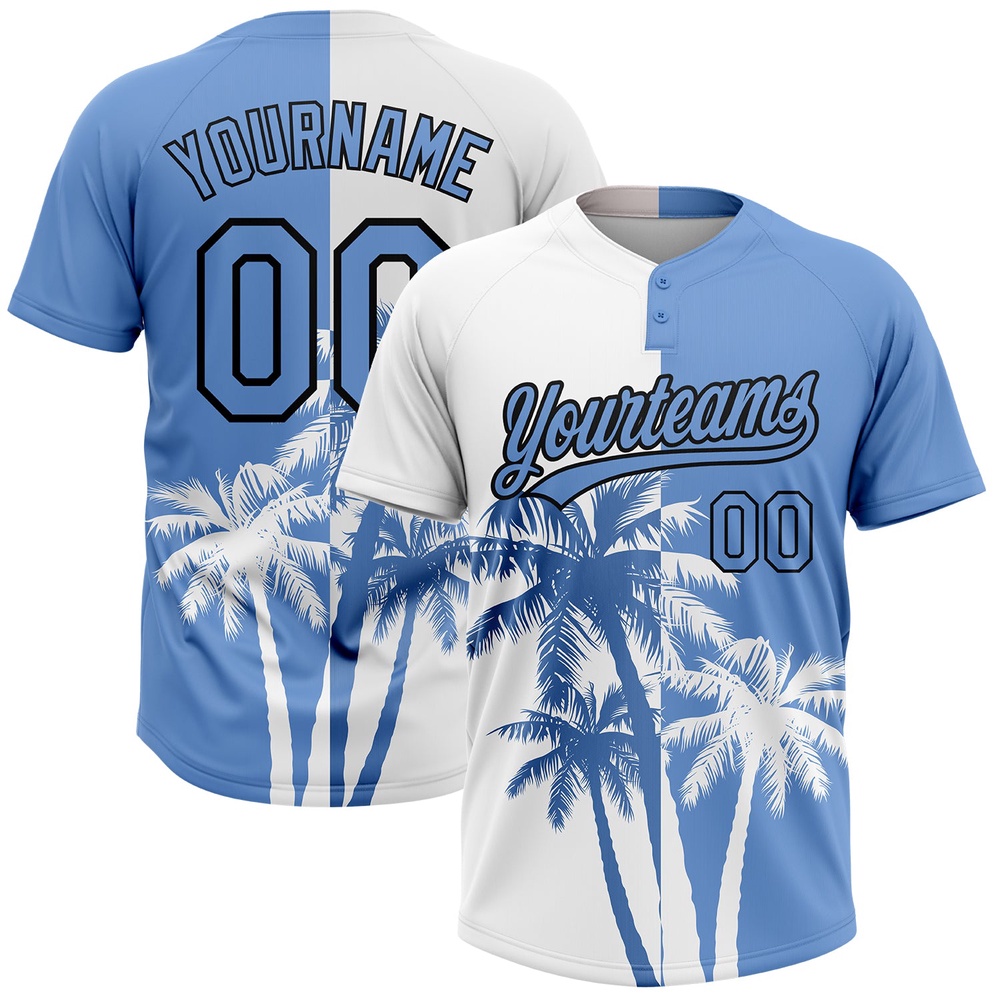 White Light Blue Black 3D Pattern Hawaii Coconut Trees Two Button Unisex Softball Jersey, Custom Team Softball Jersey