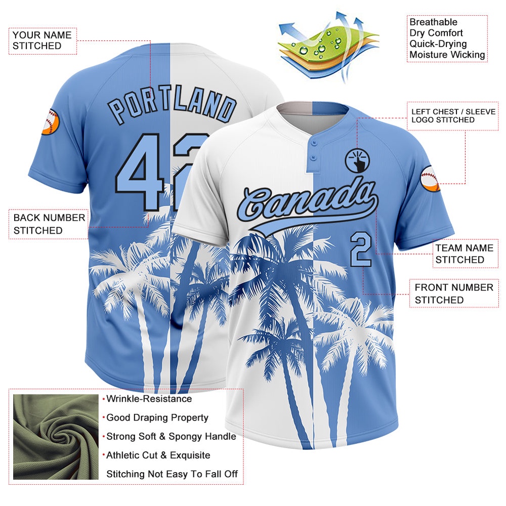 White Light Blue Black 3D Pattern Hawaii Coconut Trees Two Button Unisex Softball Jersey, Custom Team Softball Jersey