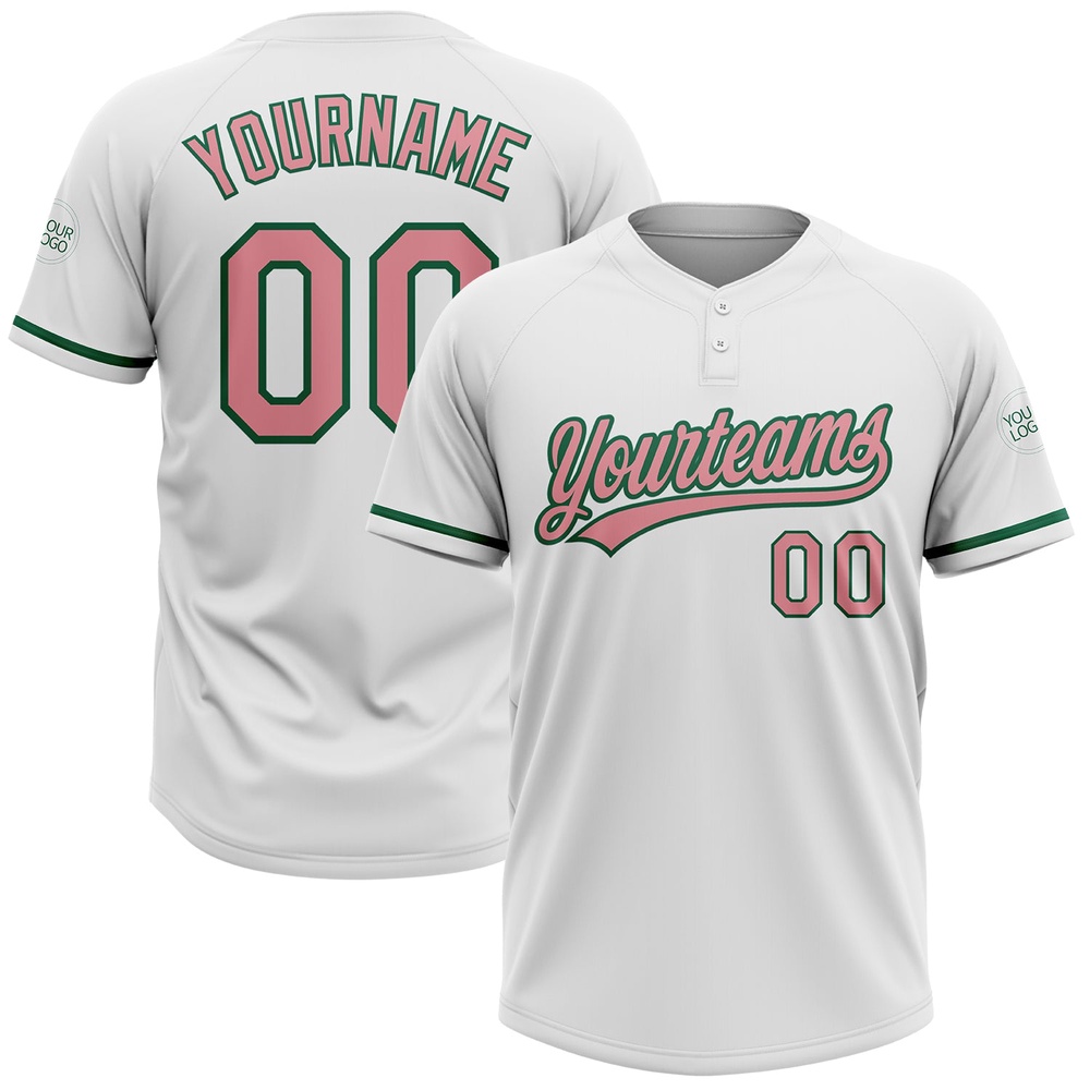 White Medium Pink Kelly Green Two Button Unisex Softball Jersey, Custom Team Softball Jersey