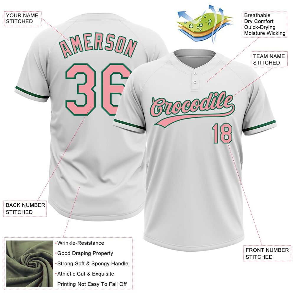 White Medium Pink Kelly Green Two Button Unisex Softball Jersey, Custom Team Softball Jersey