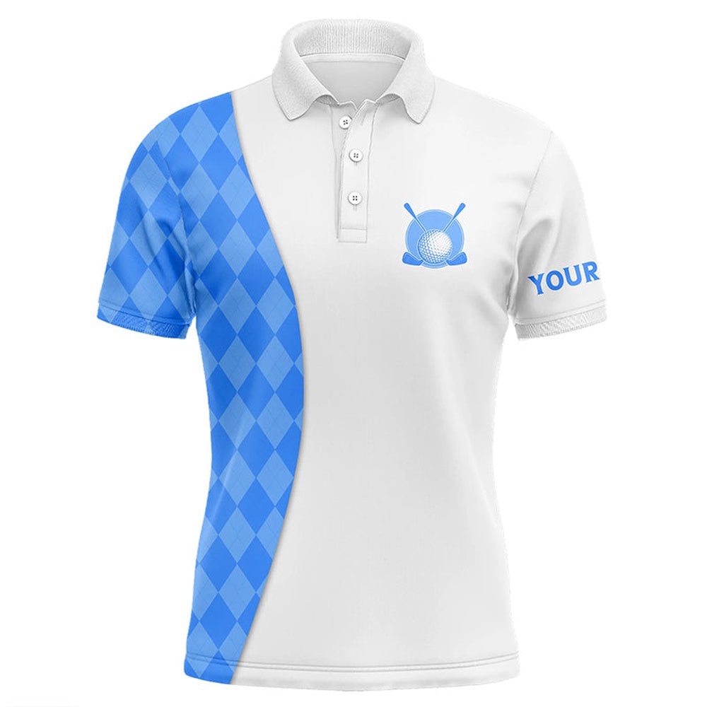 White Men’s Golf Polo Shirts Custom Blue Argyle Plaid Pattern Golf Tops, Best Men’s Golf Wear, Golf Polo Shirt, Golf Shirts