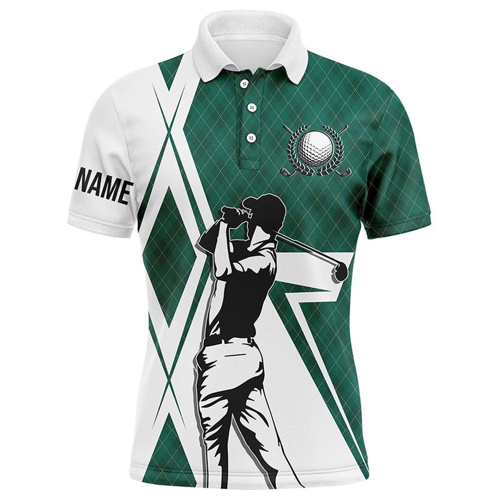 White Men’s Golf Polo Shirts Custom Green Argyle Pattern Golf Shirts For Men For Men’s, Golf Polo Shirt, Golf Shirts