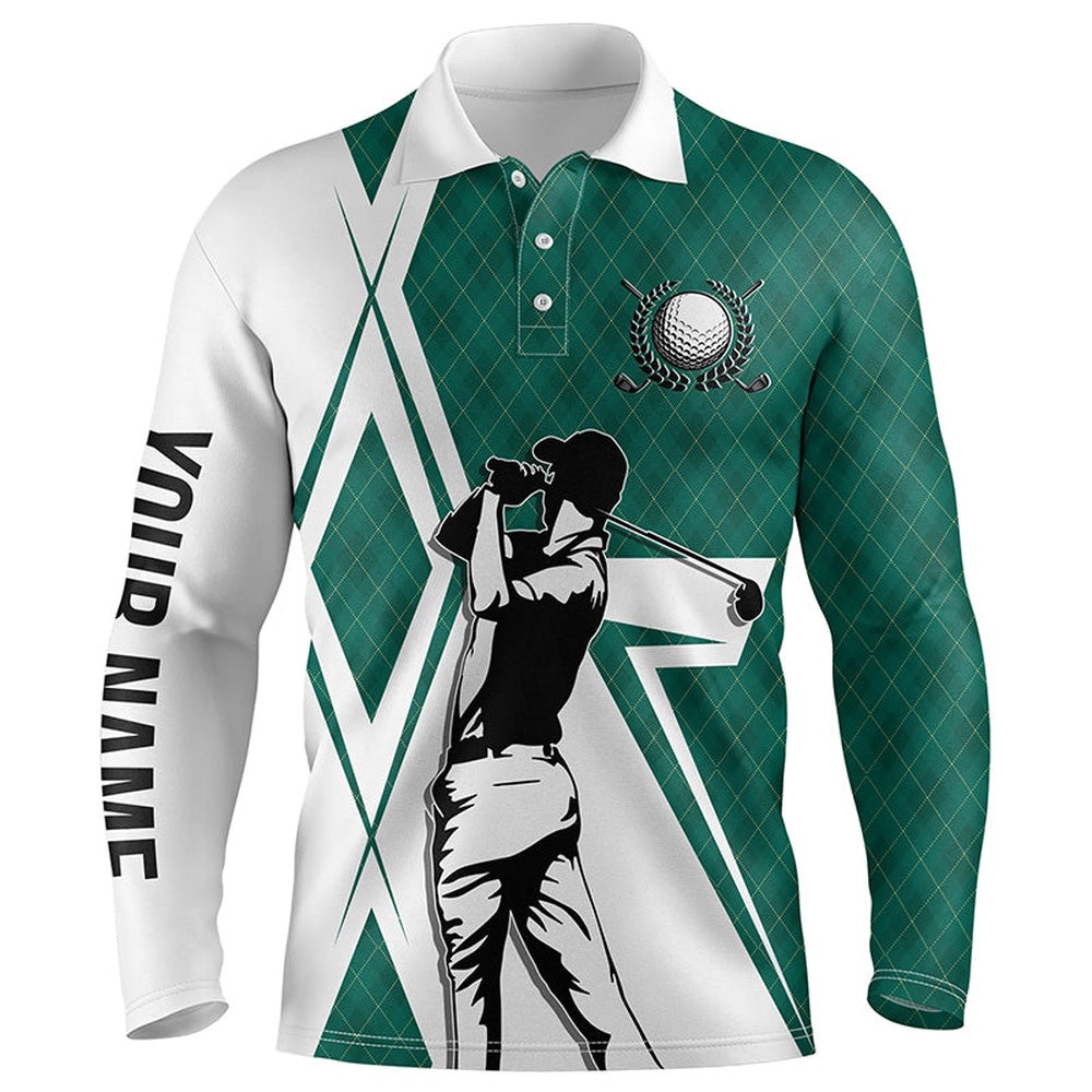 White Men’s Golf Polo Shirts Custom Green Argyle Pattern Golf Shirts For Men For Men’s, Golf Polo Shirt, Golf Shirts