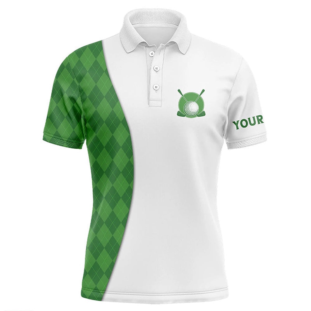 White Men’s Golf Polo Shirts Custom Green Argyle Plaid Pattern Golf Tops, Best Men’s Golf Wear, Golf Polo Shirt, Golf Shirts