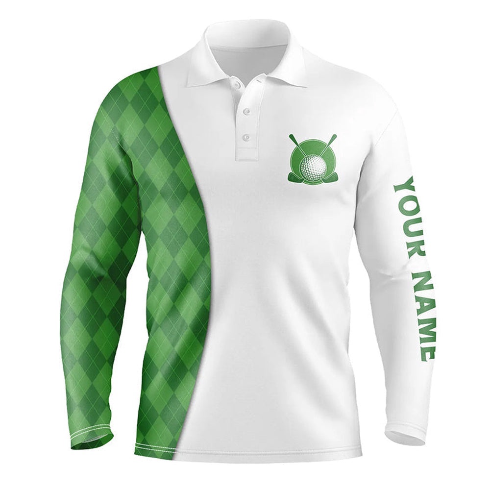 White Men’s Golf Polo Shirts Custom Green Argyle Plaid Pattern Golf Tops, Best Men’s Golf Wear, Golf Polo Shirt, Golf Shirts
