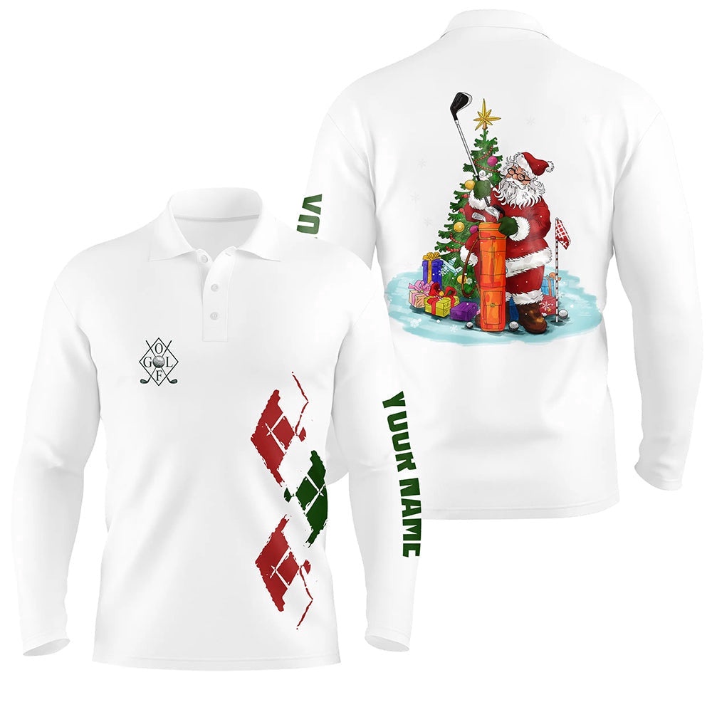 White Men’s Golf Polo Shirts Custom Green Red Christmas Santa Shirt For Men’s, Christmas Golf Gifts, Golf Polo Shirt, Golf Shirts