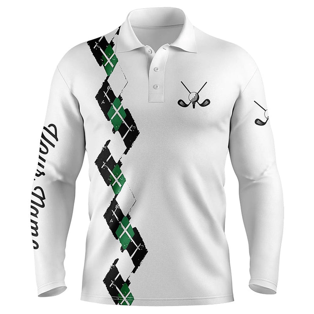 White Men’s Golf Polo Shirts Custom Name Green And Black Plaid, Best Golf Gifts For Men’s, Golf Polo Shirt, Golf Shirts