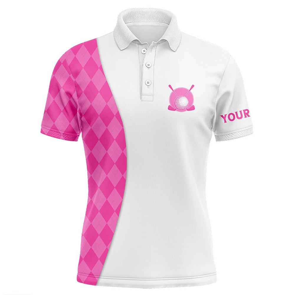 White Men’s Golf Polo Shirts Custom Pink Argyle Plaid Pattern Golf Tops, Best Men’s Golf Wear, Golf Polo Shirt, Golf Shirts