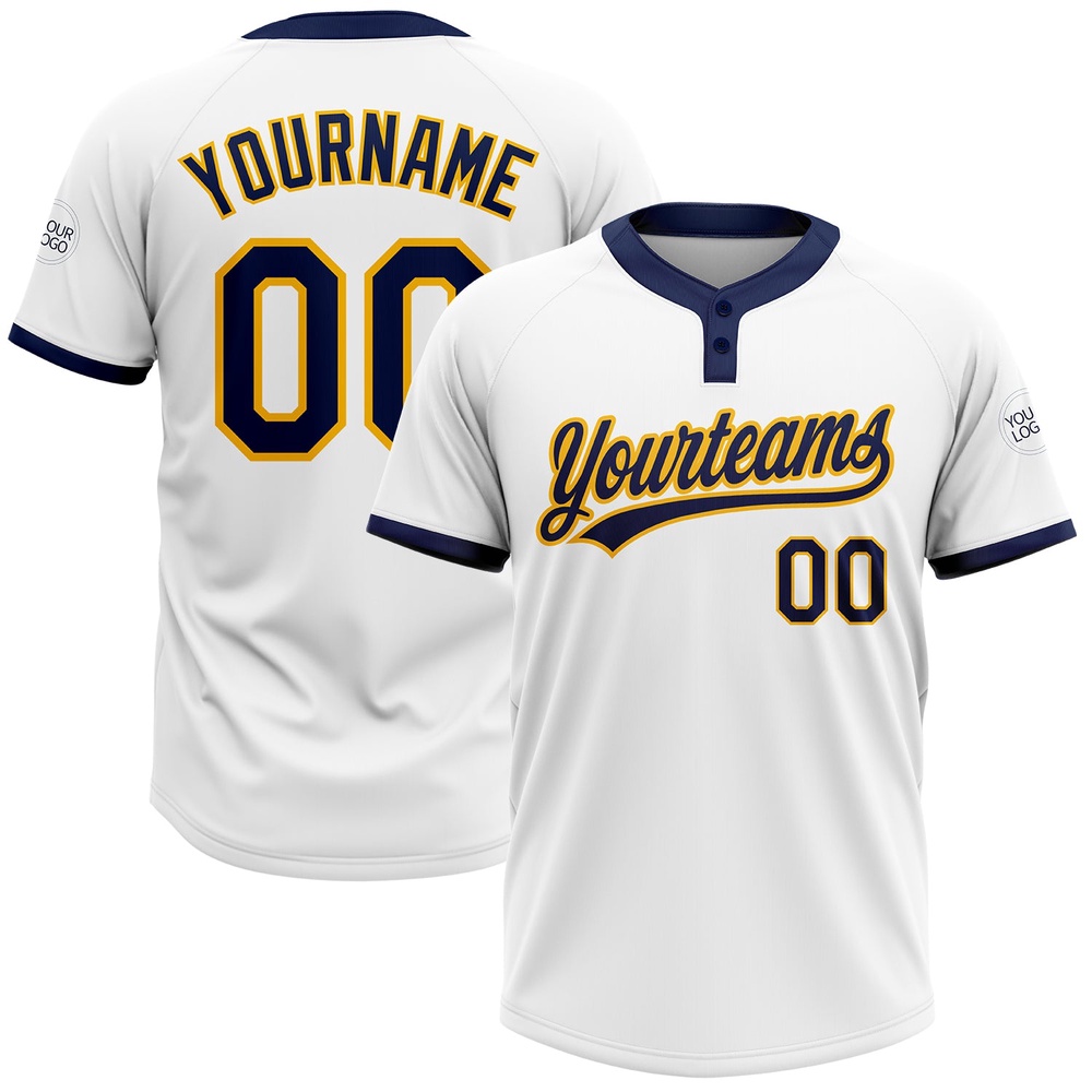 White Navy Gold Two Button Unisex Softball Jersey, Custom Team Softball Jersey