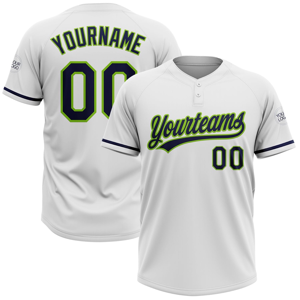 White Navy Neon Green Two Button Unisex Softball Jersey, Custom Team Softball Jersey