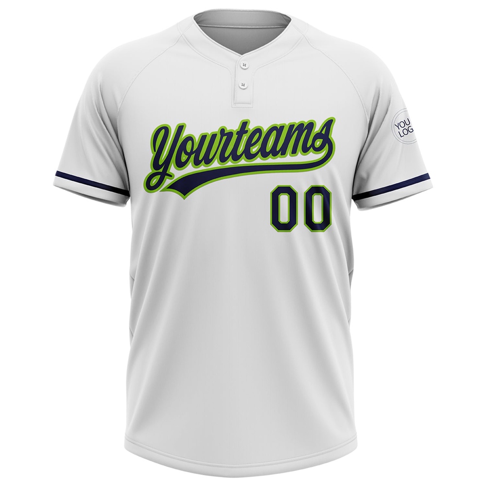 White Navy Neon Green Two Button Unisex Softball Jersey, Custom Team Softball Jersey