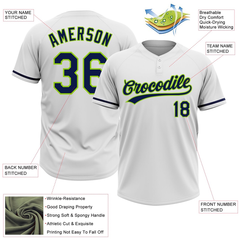 White Navy Neon Green Two Button Unisex Softball Jersey, Custom Team Softball Jersey