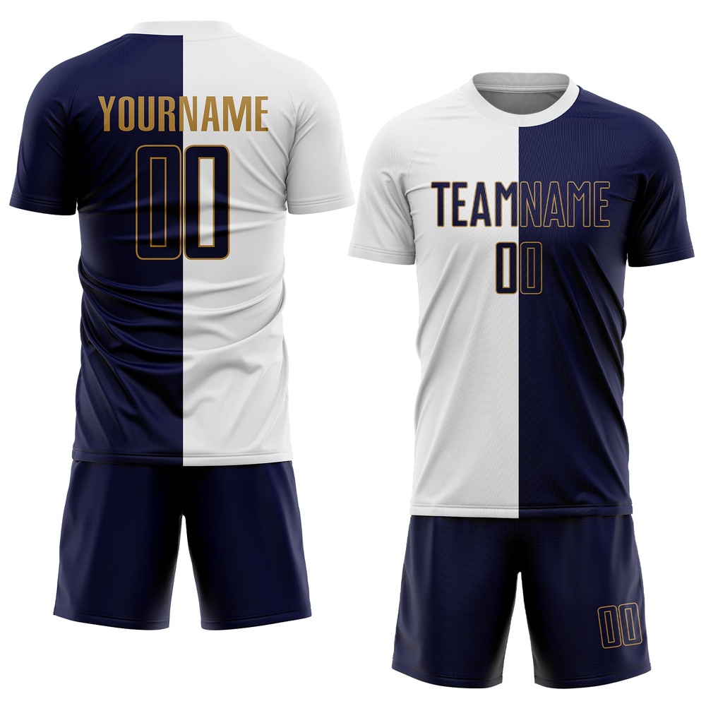 White Navy Old Gold Sublimation Split Fashion Soccer Uniform Jersey, Custom Team Soccer Jersey Shirt