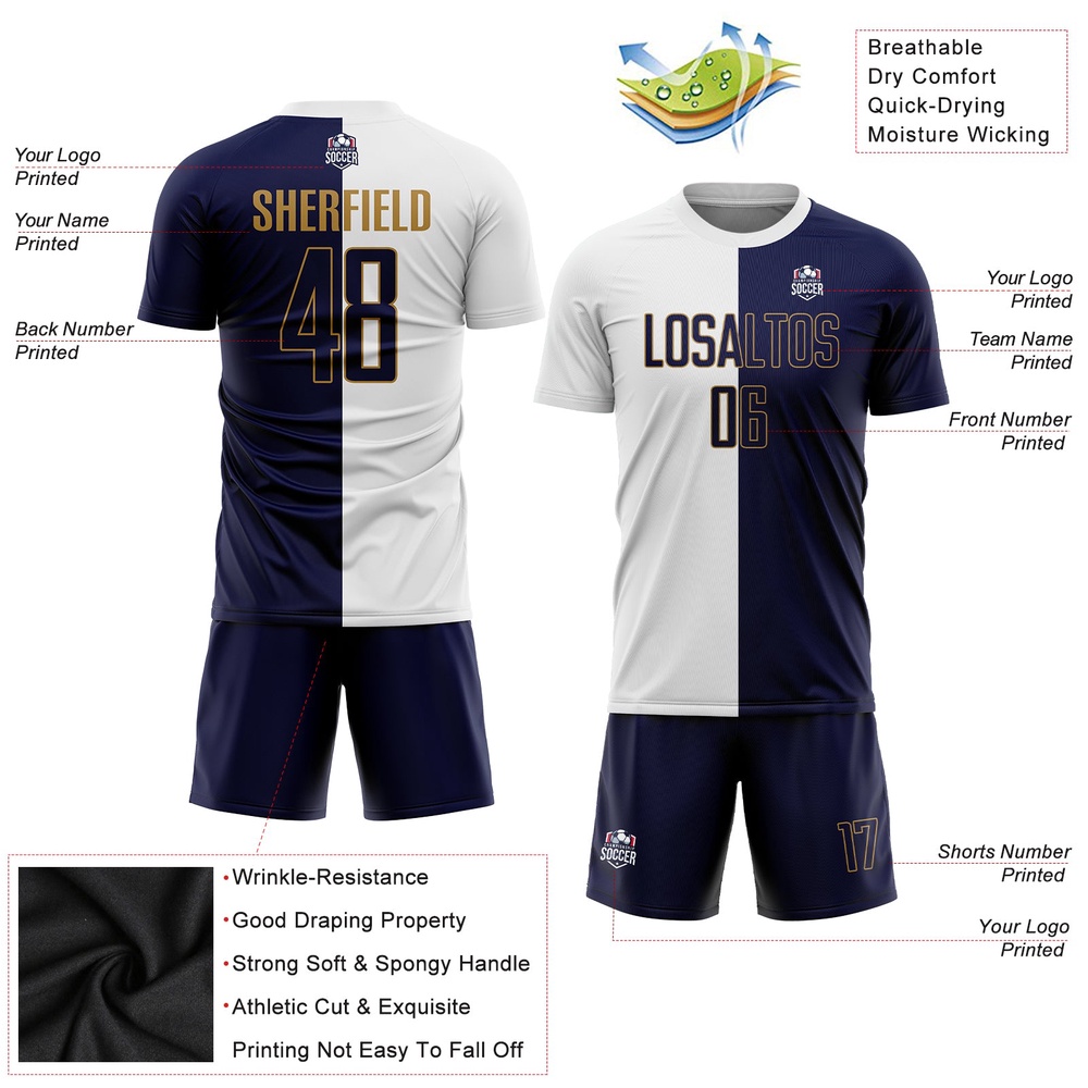White Navy Old Gold Sublimation Split Fashion Soccer Uniform Jersey, Custom Team Soccer Jersey Shirt
