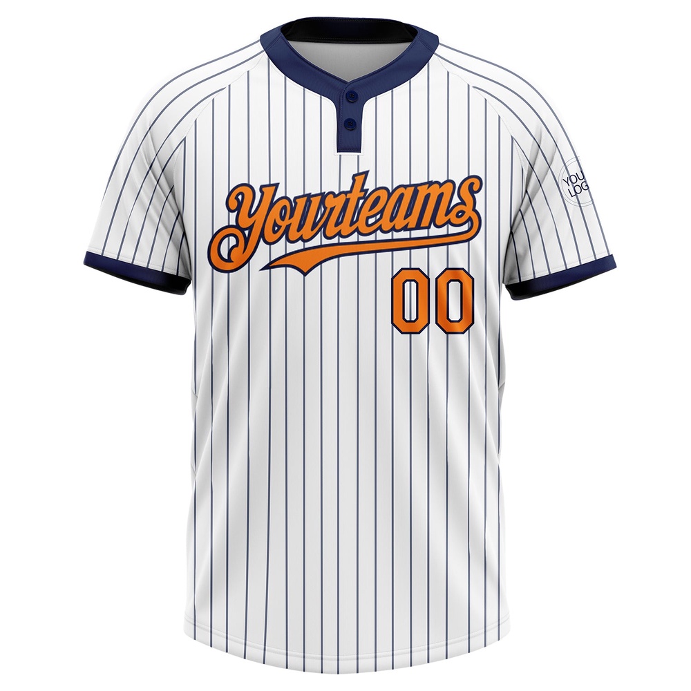 White Navy Pinstripe Bay Orange Two Button Unisex Softball Jersey, Custom Team Softball Jersey