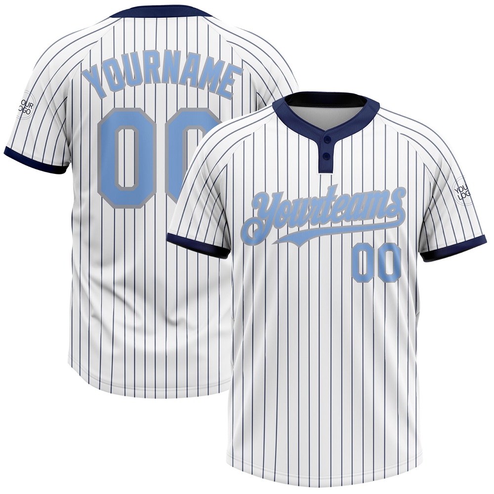 White Navy Pinstripe Light Blue Gray Two Button Unisex Softball Jersey, Custom Team Softball Jersey