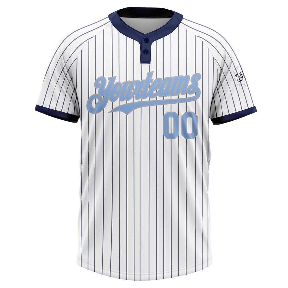White Navy Pinstripe Light Blue Gray Two Button Unisex Softball Jersey, Custom Team Softball Jersey