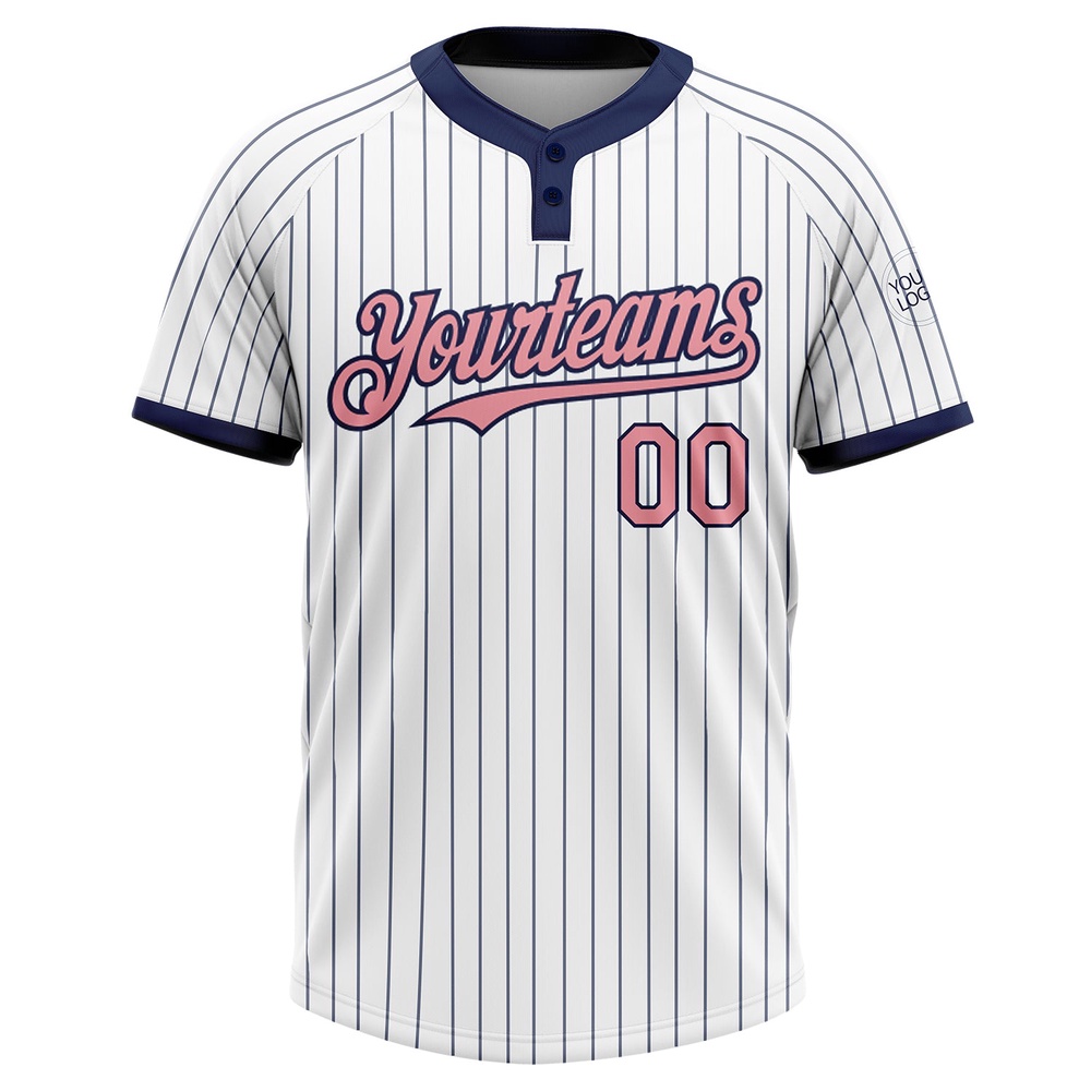 White Navy Pinstripe Medium Pink Two Button Unisex Softball Jersey, Custom Team Softball Jersey