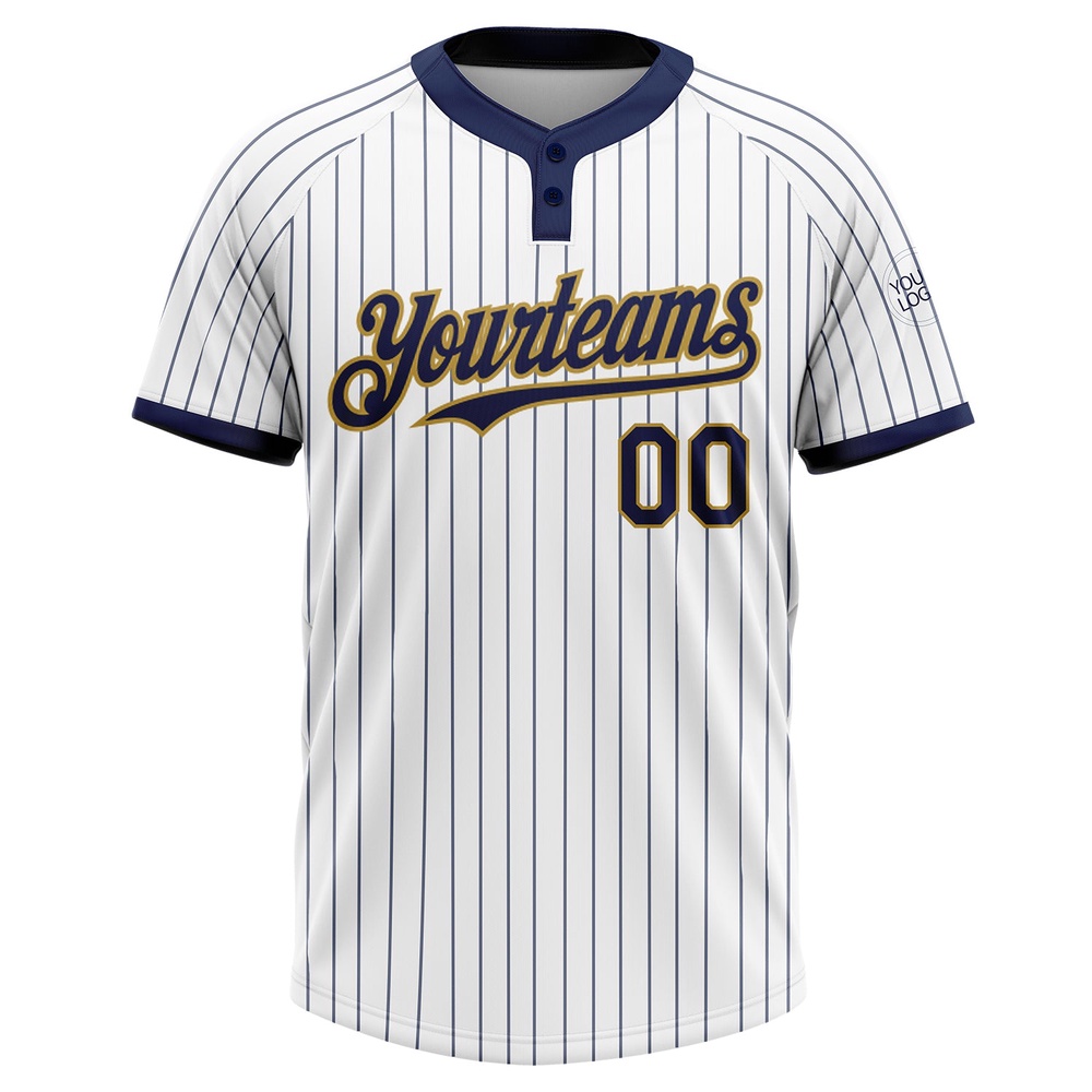White Navy Pinstripe Old Gold Two Button Unisex Softball Jersey, Custom Team Softball Jersey