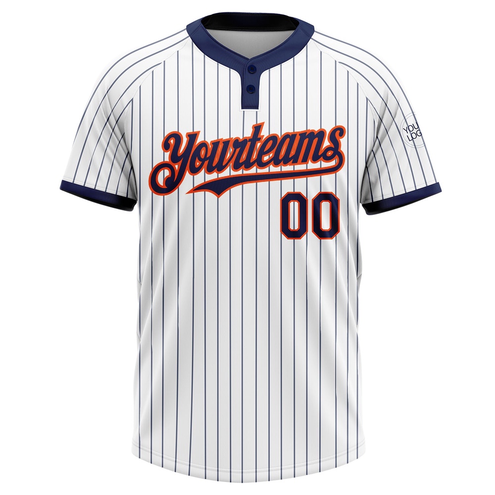 White Navy Pinstripe Orange Two Button Unisex Softball Jersey, Custom Team Softball Jersey