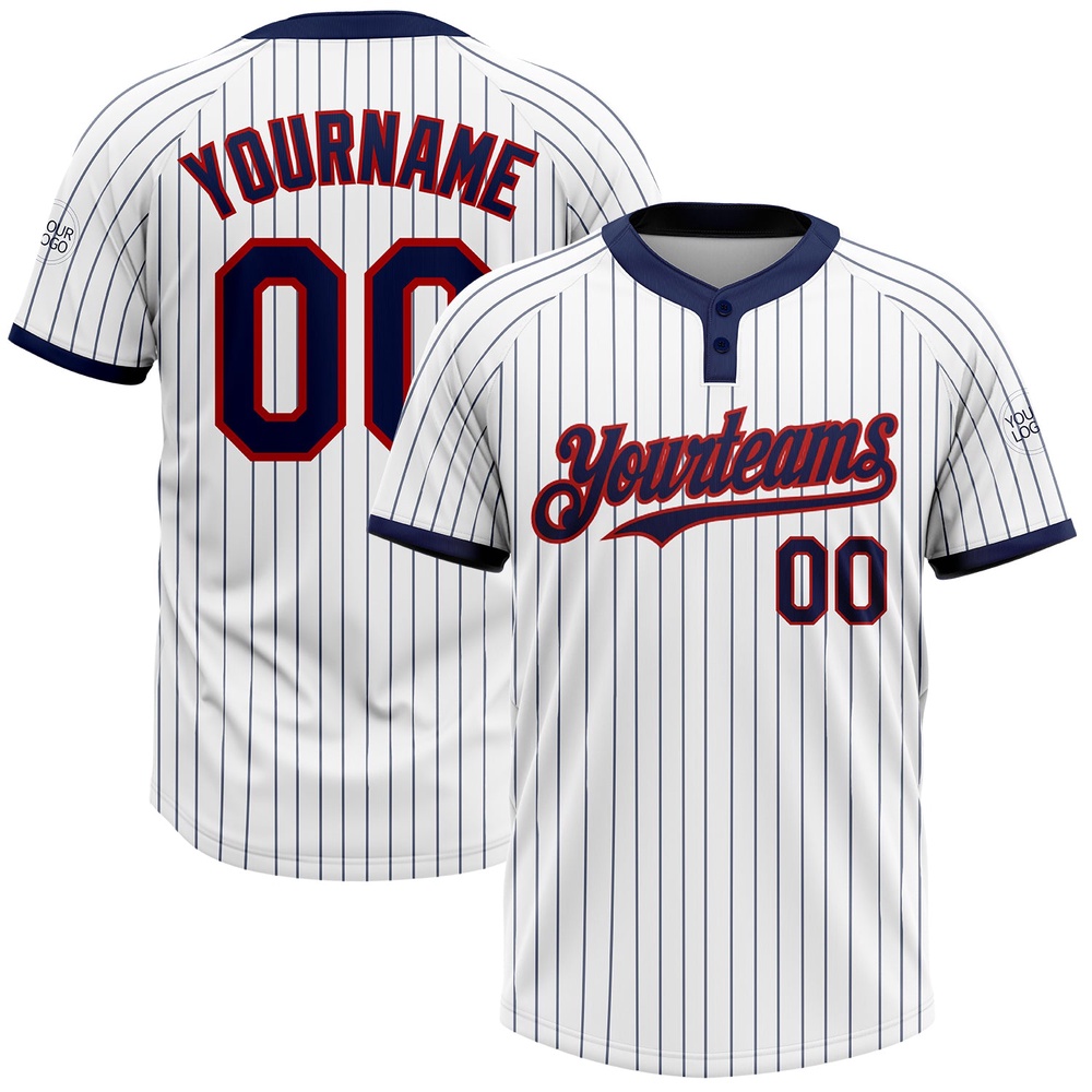 White Navy Pinstripe Red Two Button Unisex Softball Jersey, Custom Team Softball Jersey