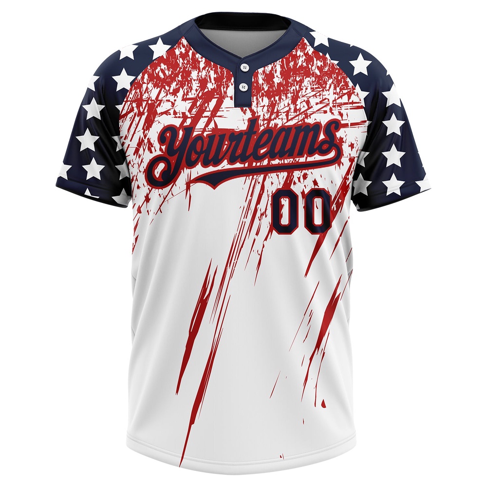 White Navy Red 3D American Flag Fashion Two Button Unisex Softball Jersey, Custom Team Softball Jersey