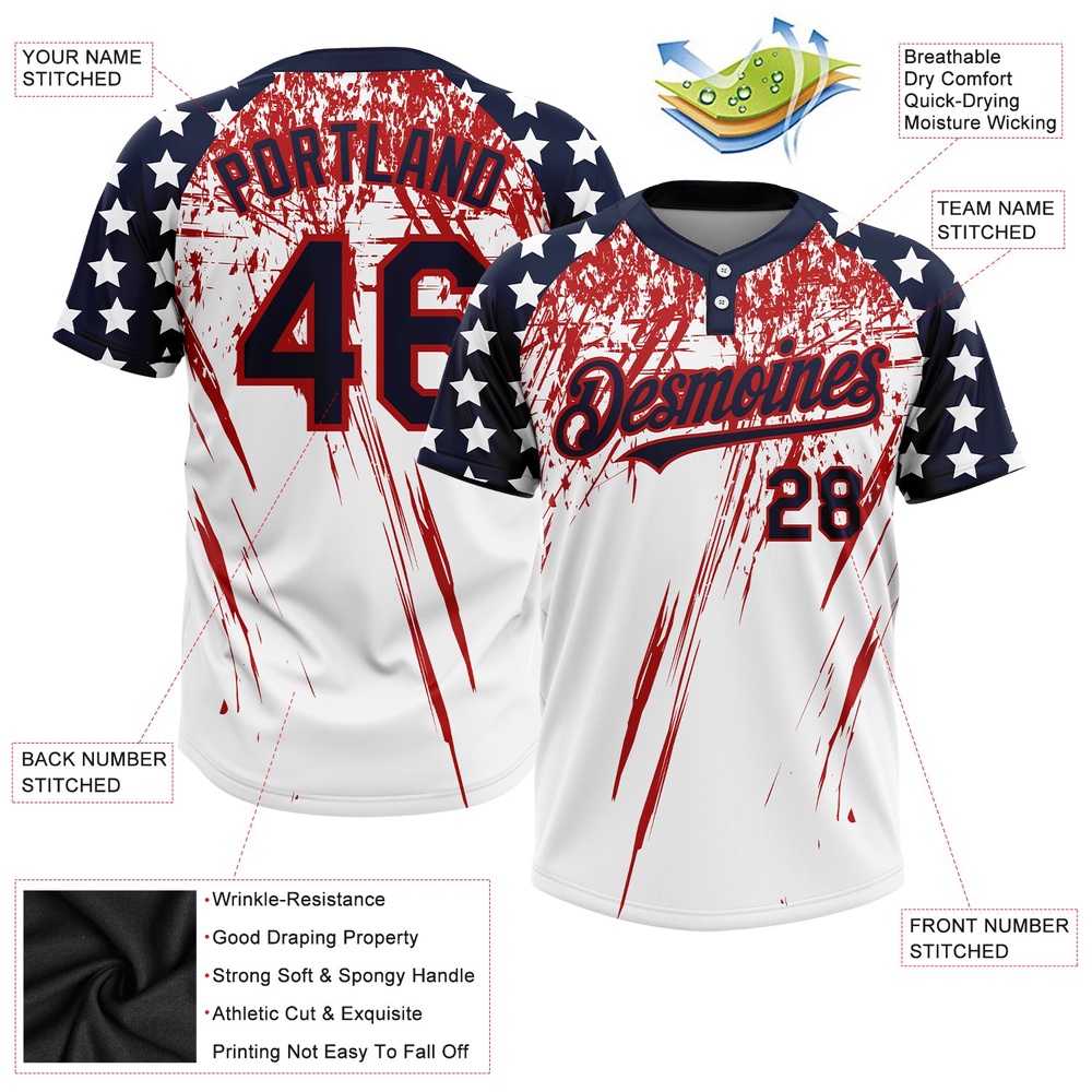 White Navy Red 3D American Flag Fashion Two Button Unisex Softball Jersey, Custom Team Softball Jersey