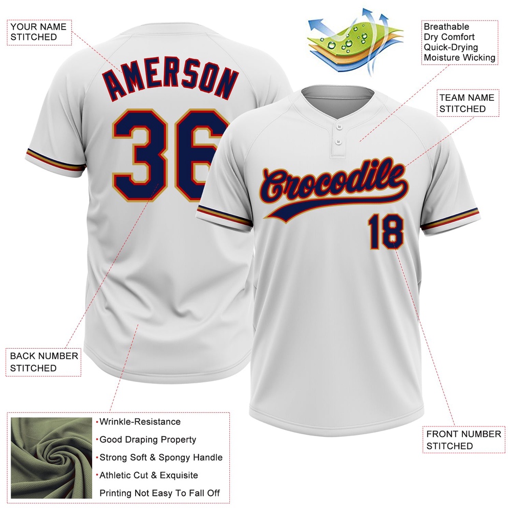 White Navy Red Old Gold Two Button Unisex Softball Jersey, Custom Team Softball Jersey