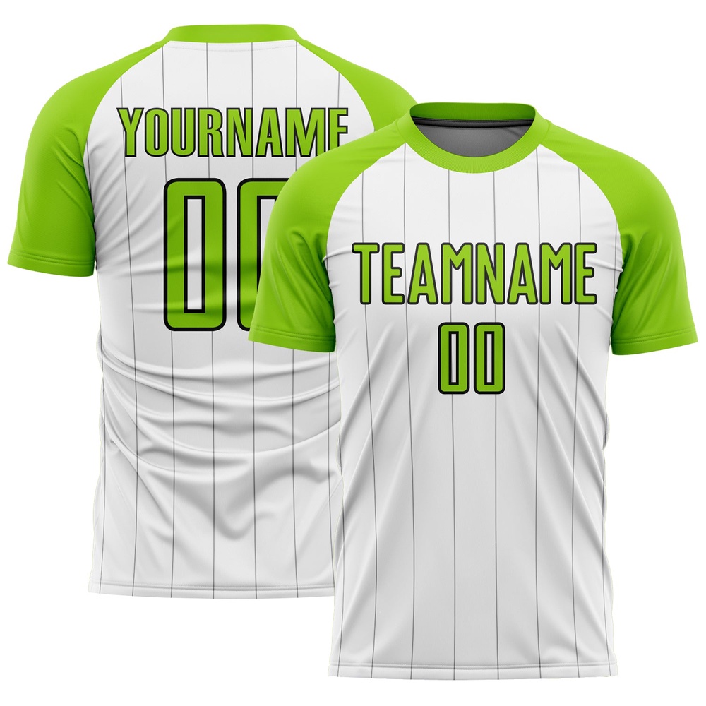 White Neon Green Black Pinstripe Sublimation Soccer Uniform Jersey, Custom Team Soccer Jersey Shirt