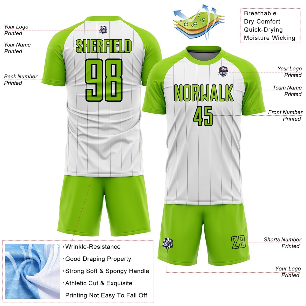 White Neon Green Black Pinstripe Sublimation Soccer Uniform Jersey, Custom Team Soccer Jersey Shirt