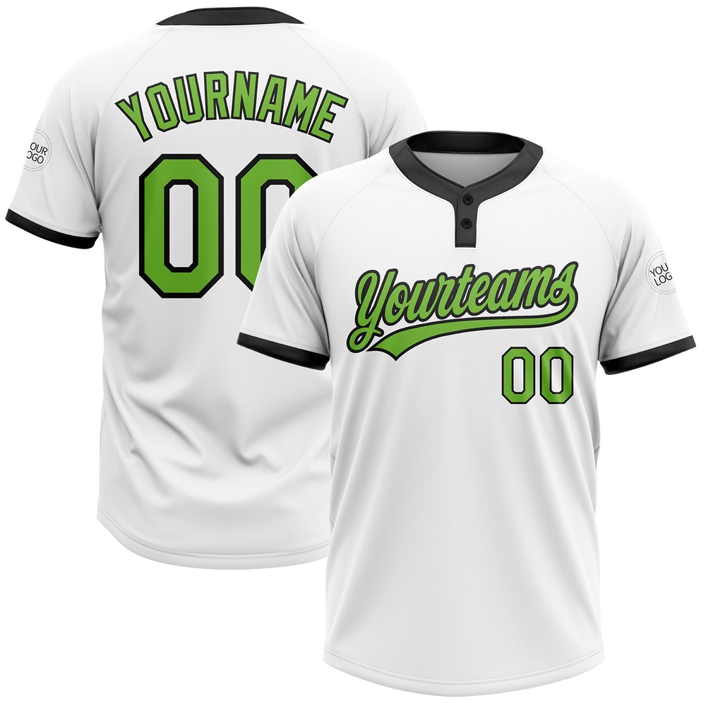 White Neon Green Black Two Button Unisex Softball Jersey, Custom Team Softball Jersey