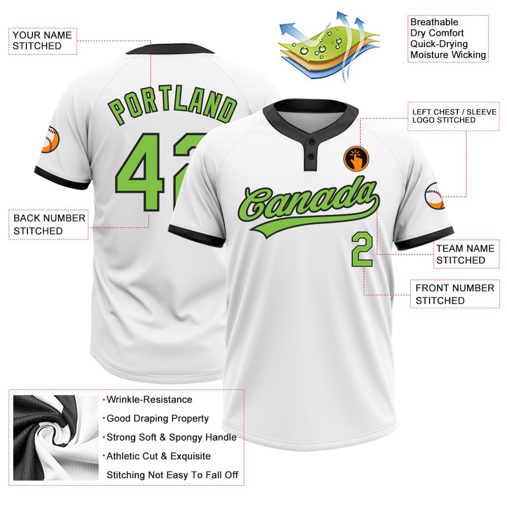 White Neon Green Black Two Button Unisex Softball Jersey, Custom Team Softball Jersey