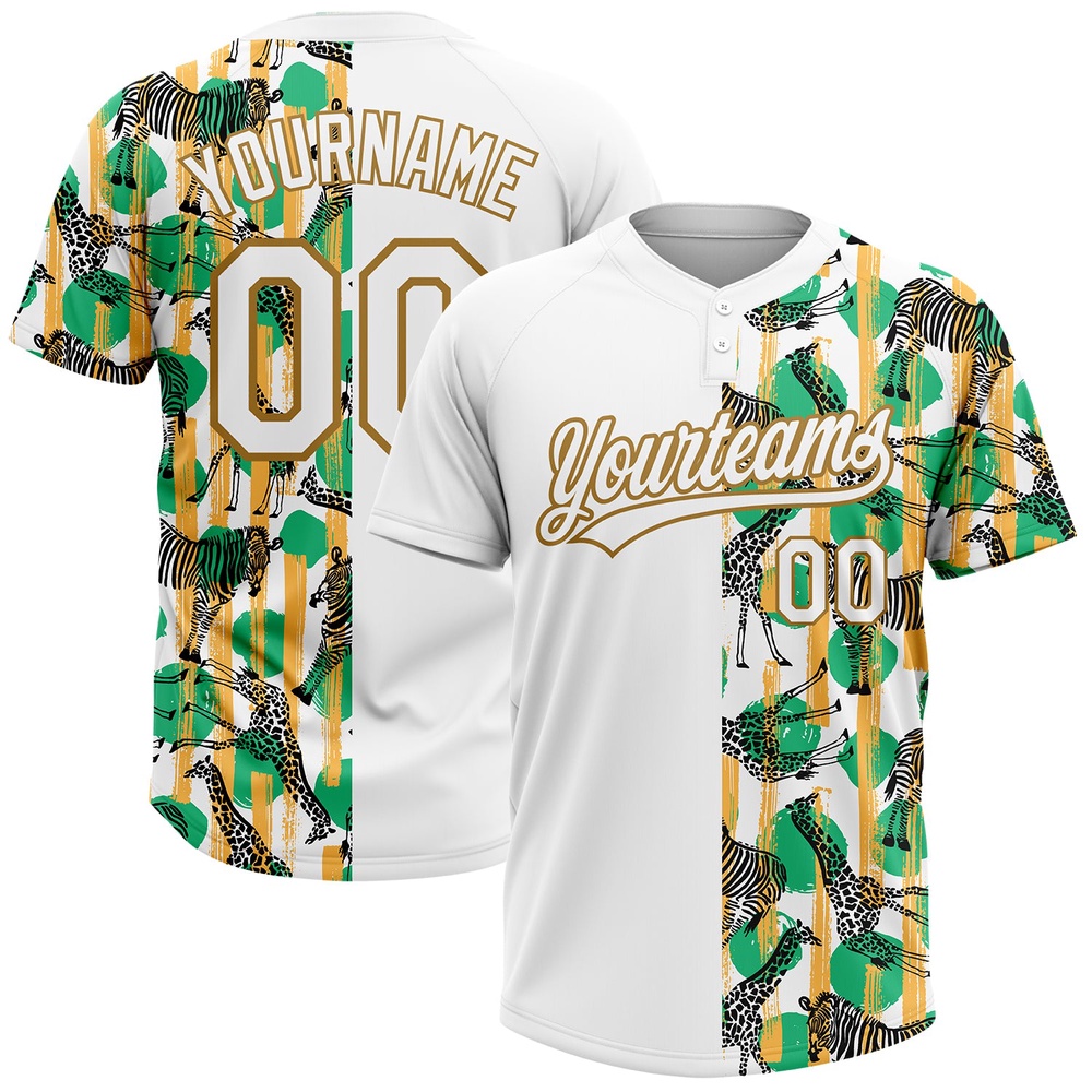White Old Gold 3D Pattern Zebras And Giraffes Two Button Unisex Softball Jersey, Custom Team Softball Jersey